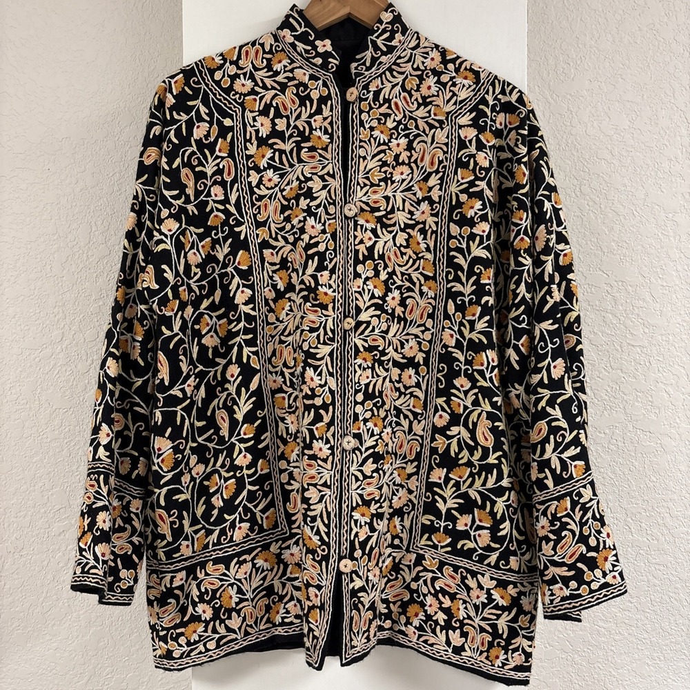 Kashmiri Black Floral Wool Embroidered Jacket Elegant Artisan XL Art to Wear